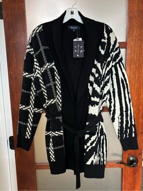 Black & White Mixed-Pattern Belted Shawl Cardigan